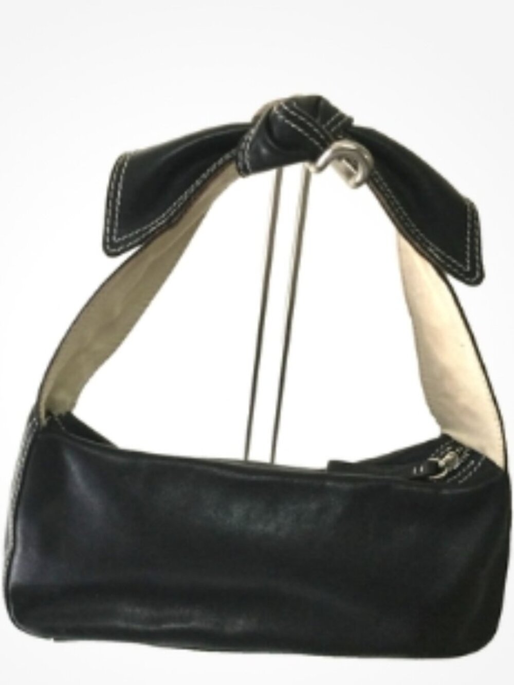 Kate Spade women handbag black leather iconic bow handle white stitching